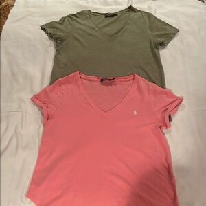 Pair of Ralph Lauren Pink and Olive Green V-Neck T-Shirts EUC Size L